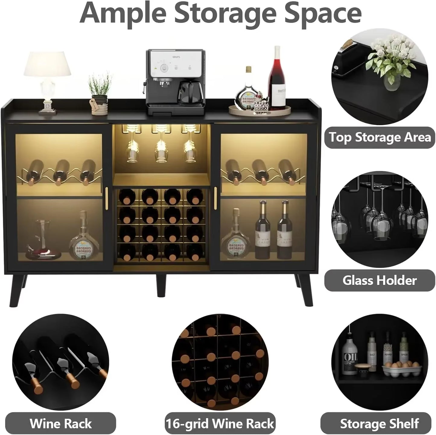 Wine Bar Cabinet with LED Light, Home Coffee Cabinet with Wine Rack and Glass Holder, Kitchen Buffet Sideboard W Storage Shelf