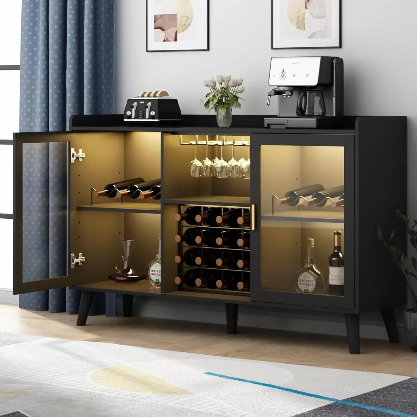 Wine Bar Cabinet with LED Light, Home Coffee Cabinet with Wine Rack and Glass Holder, Kitchen Buffet Sideboard W Storage Shelf