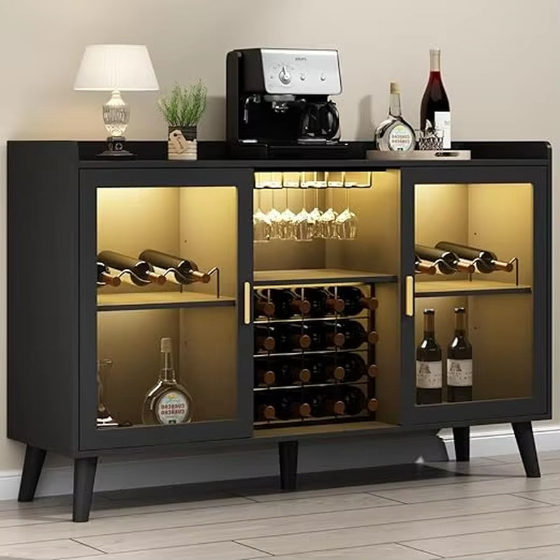 Wine Bar Cabinet with LED Light, Home Coffee Cabinet with Wine Rack and Glass Holder, Kitchen Buffet Sideboard W Storage Shelf