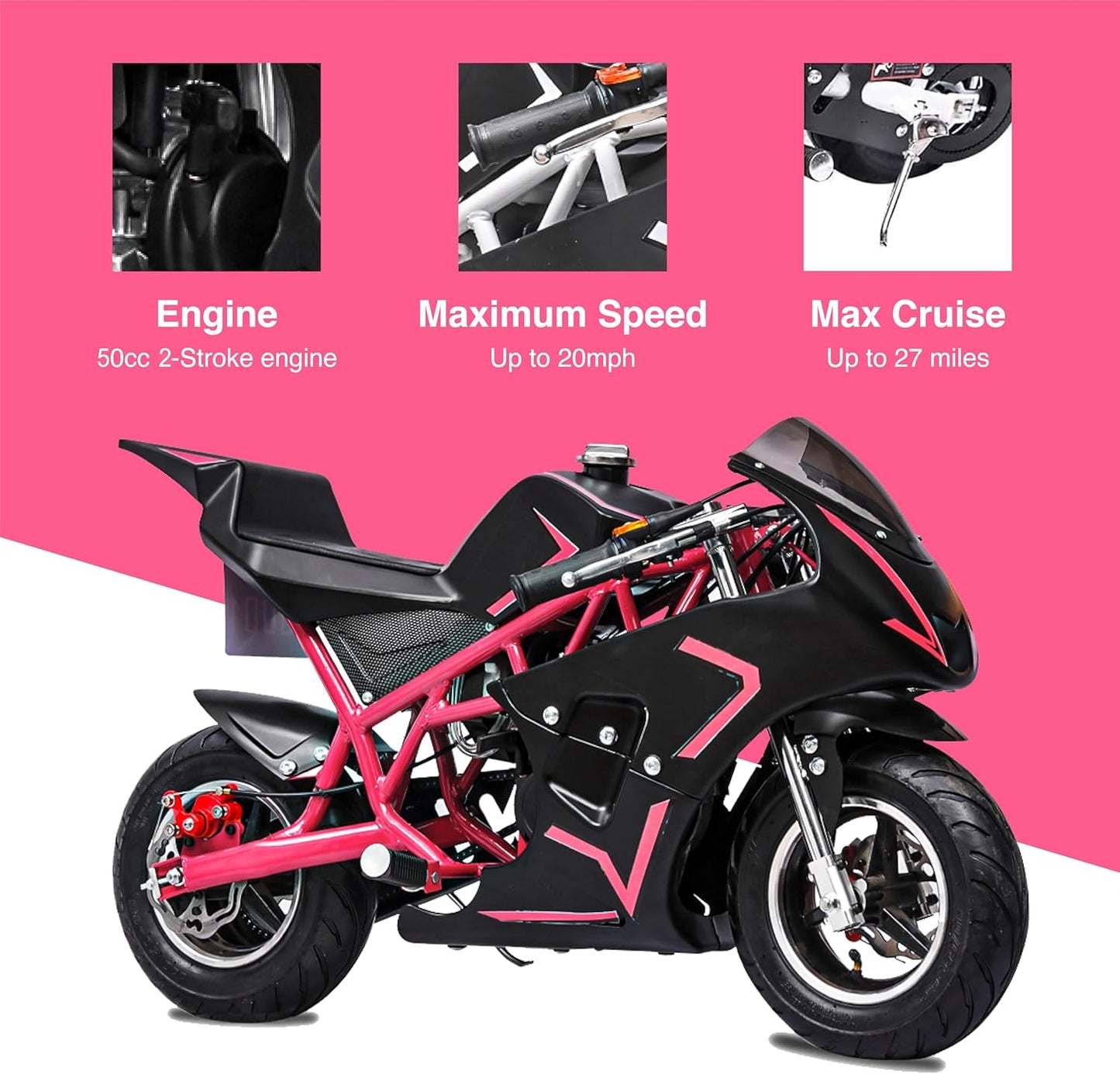 50Cc 2 Stroke Pocket Bike 01, EPA Approved Mini Bike for Kids, Mini Gas Pocket Bike W/Strong Dual Brake, Racing Pocket Rocket Max Speed 20 Mph, Max Weight 165 LB