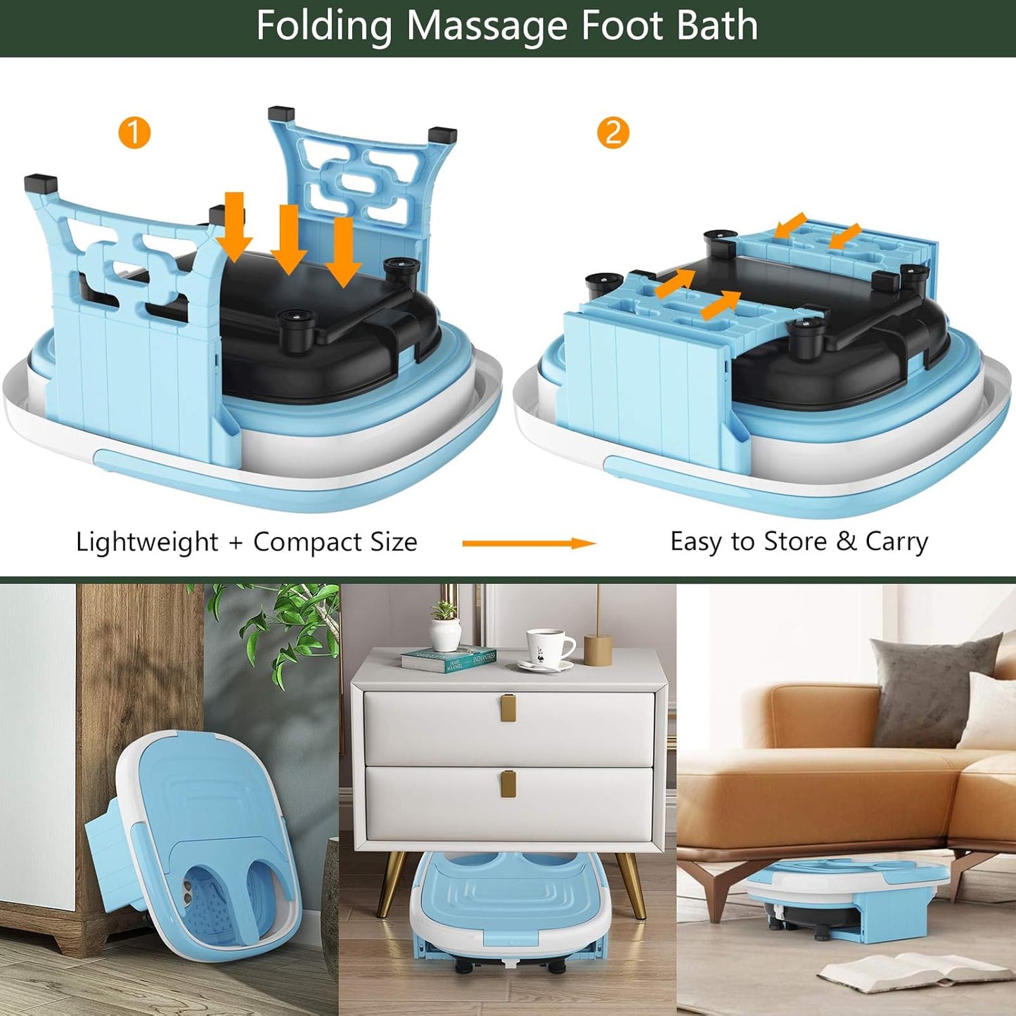 Foot Spa, Foot Bath Massager with Heat, Bubbles, 6 Motorized Shiatsu Rollers, Time & Temperature Settings, Folding Cover, Pedicure Tub Bath, Collapsible 6 in 1 Foot Bath Soak Tub, Blue