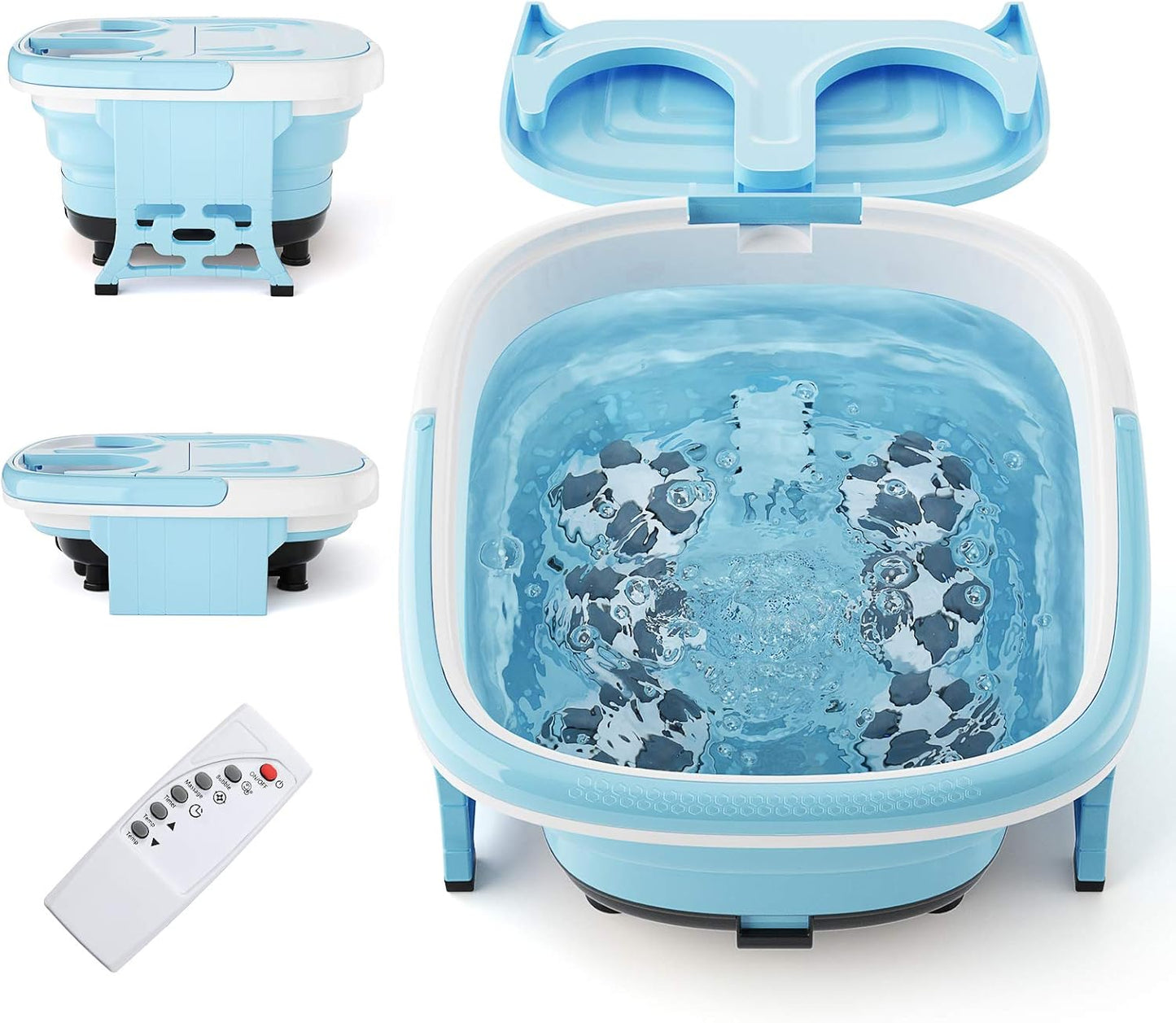 Foot Spa, Foot Bath Massager with Heat, Bubbles, 6 Motorized Shiatsu Rollers, Time & Temperature Settings, Folding Cover, Pedicure Tub Bath, Collapsible 6 in 1 Foot Bath Soak Tub, Blue