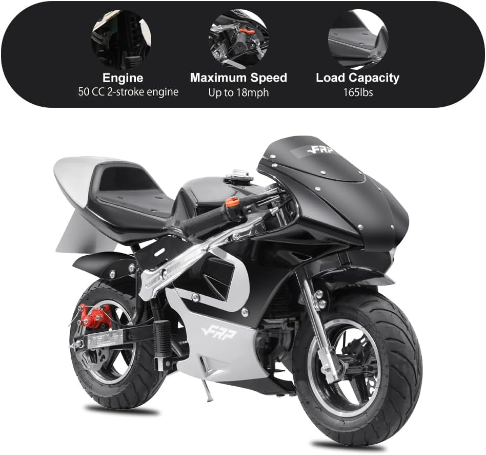 50Cc 2 Stroke Pocket Bike GPB02 - EPA Approved Mini for Kids, Max Weight 165 LB, Streamline Style Gas with Strong Dual Brakes, Racing Rocket Max Speed 20 Mph