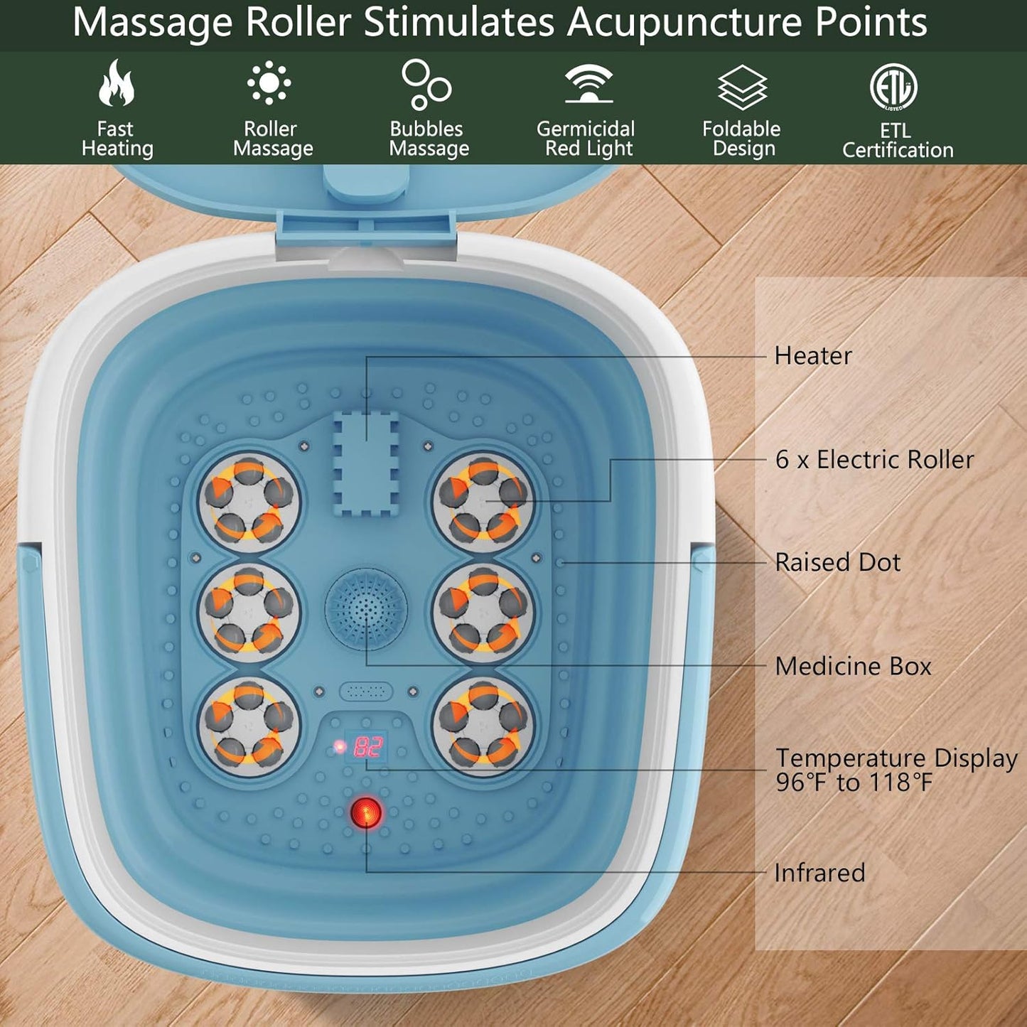 Foot Spa, Foot Bath Massager with Heat, Bubbles, 6 Motorized Shiatsu Rollers, Time & Temperature Settings, Folding Cover, Pedicure Tub Bath, Collapsible 6 in 1 Foot Bath Soak Tub, Blue