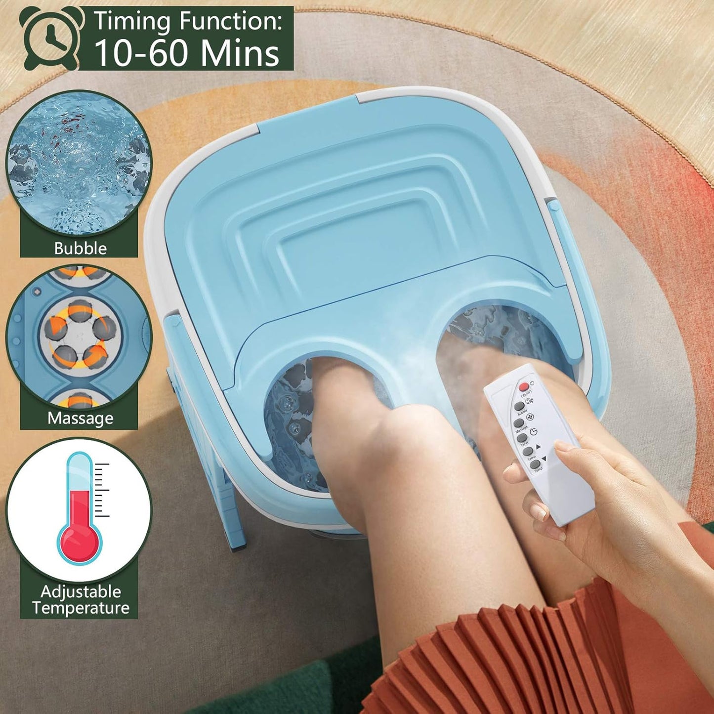 Foot Spa, Foot Bath Massager with Heat, Bubbles, 6 Motorized Shiatsu Rollers, Time & Temperature Settings, Folding Cover, Pedicure Tub Bath, Collapsible 6 in 1 Foot Bath Soak Tub, Blue