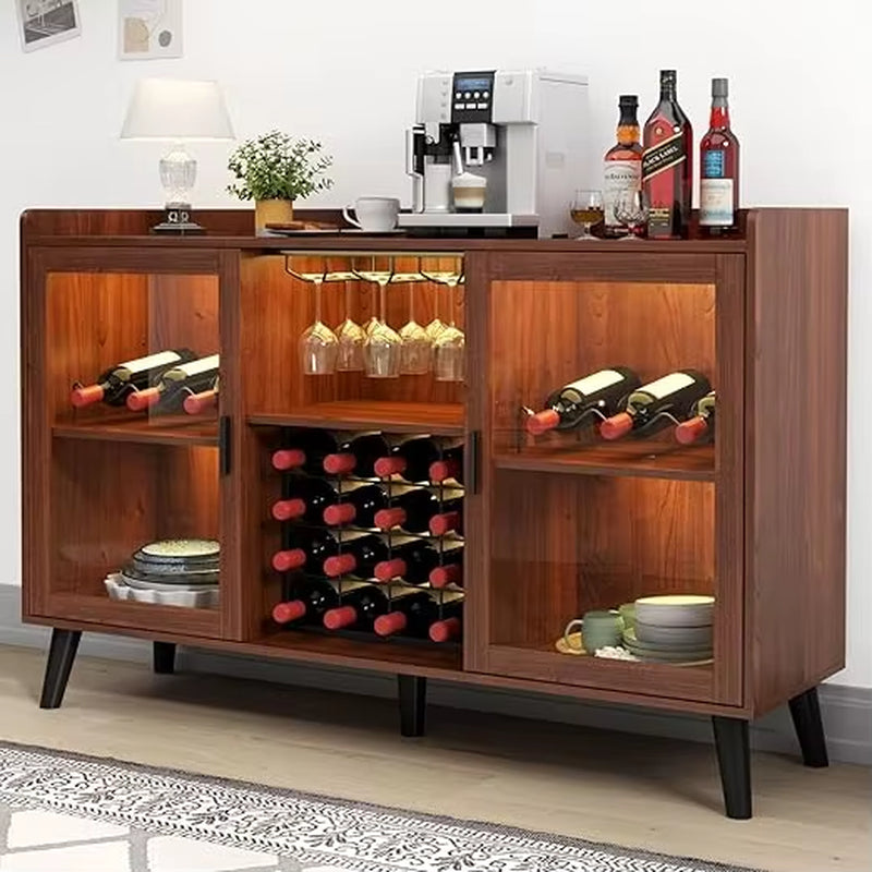 Wine Bar Cabinet with LED Light, Home Coffee Cabinet with Wine Rack and Glass Holder, Kitchen Buffet Sideboard W Storage Shelf