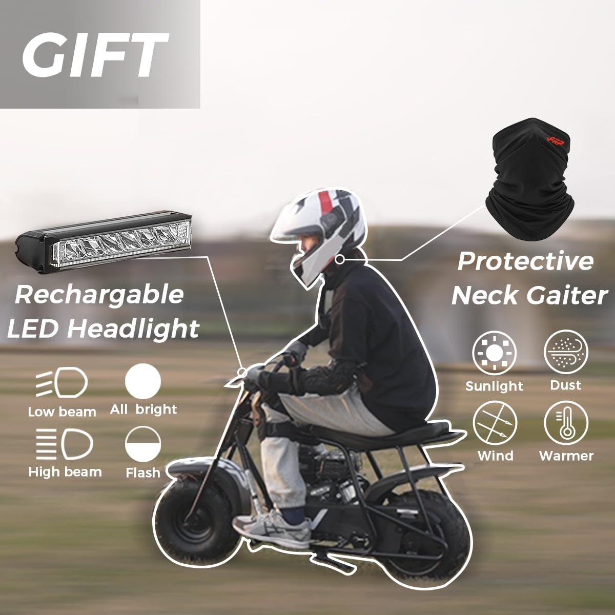 GMB100 Mini Bike, 99CC 4-Stroke Mini Bikes for Adults, Off-Road Motorcycle W/LED Headlight, Goggles, Gloves and Neck Gaiter up to 28 Mph, Weight Support up to 220 Lbs(Black)