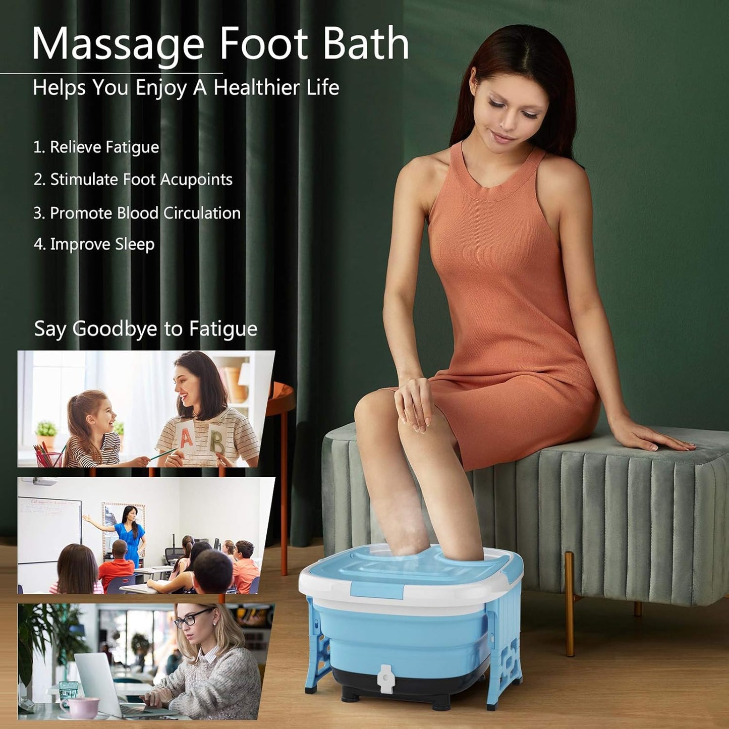 Foot Spa, Foot Bath Massager with Heat, Bubbles, 6 Motorized Shiatsu Rollers, Time & Temperature Settings, Folding Cover, Pedicure Tub Bath, Collapsible 6 in 1 Foot Bath Soak Tub, Blue