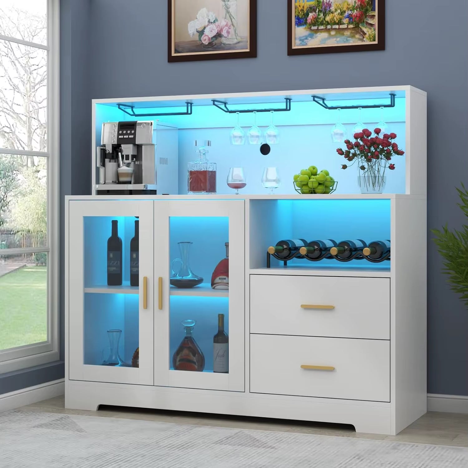 Wine Bar Cabinet with LED Light, Home Coffee Cabinet with Wine and Glass Rack, Kitchen Buffet Sideboard with Storage Cabinet&Dra