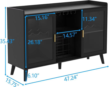 Wine Bar Cabinet with LED Light, Home Coffee Cabinet with Wine Rack and Glass Holder, Kitchen Buffet Sideboard W Storage Shelf