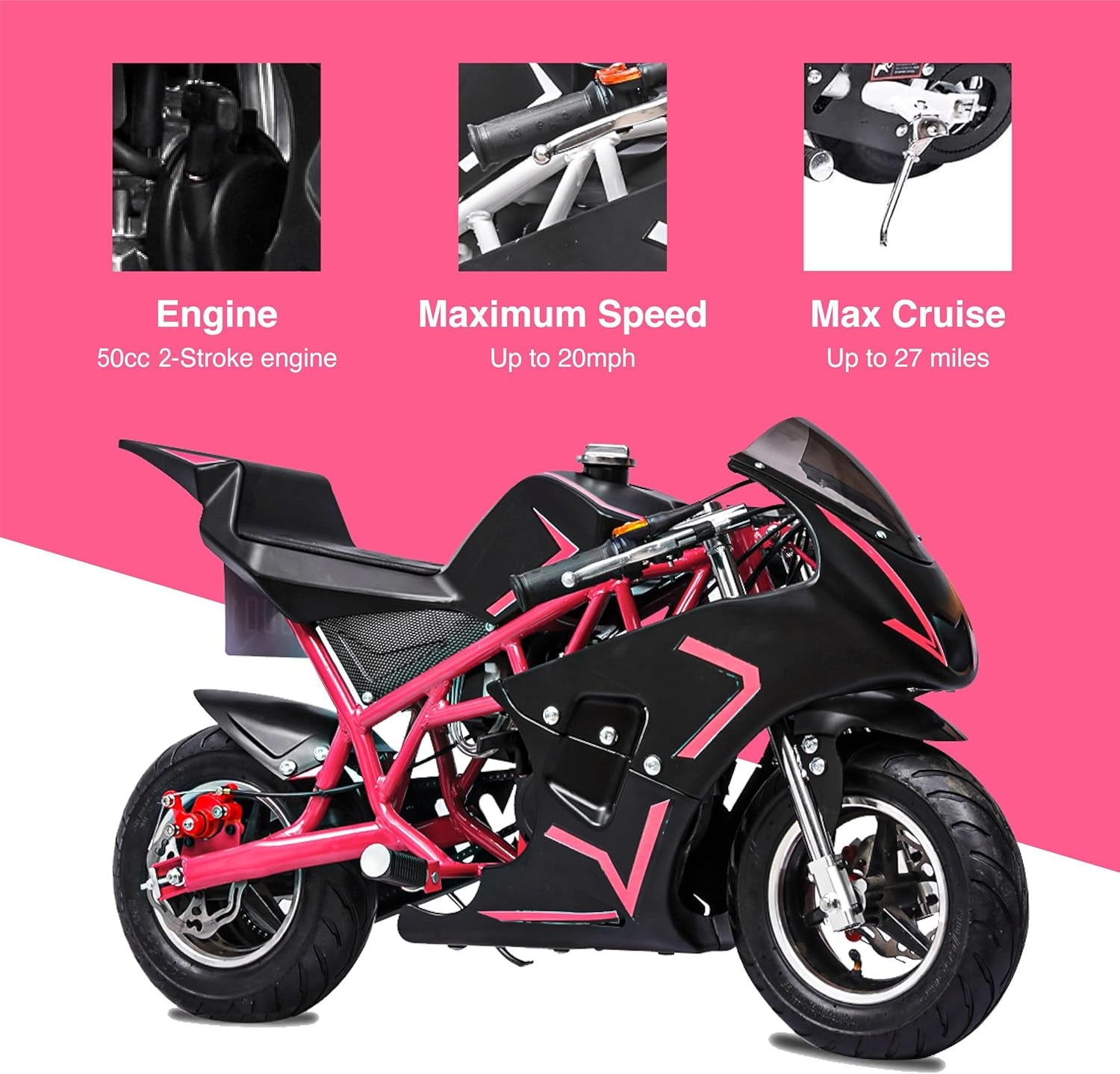 50Cc 2 Stroke Pocket Bike 01, EPA Approved Mini Bike for Kids, Mini Gas Pocket Bike W/Strong Dual Brake, Racing Pocket Rocket Max Speed 20 Mph, Max Weight 165 LB