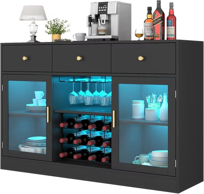 Wine Bar Cabinet with LED Light, Home Coffee Cabinet with Wine and Glass Rack, Kitchen Buffet Sideboard with Storage Cabinet&Dra