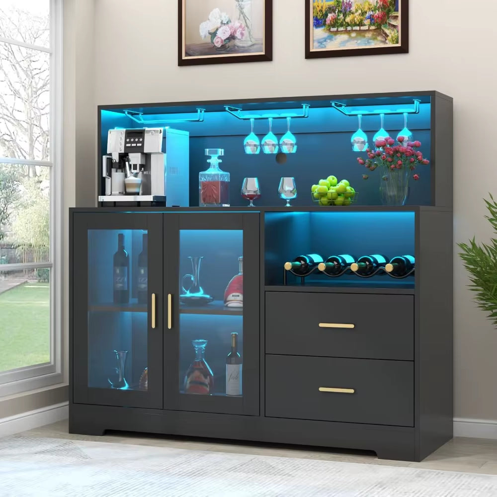 Wine Bar Cabinet with LED Light, Home Coffee Cabinet with Wine and Glass Rack, Kitchen Buffet Sideboard with Storage Cabinet&Dra