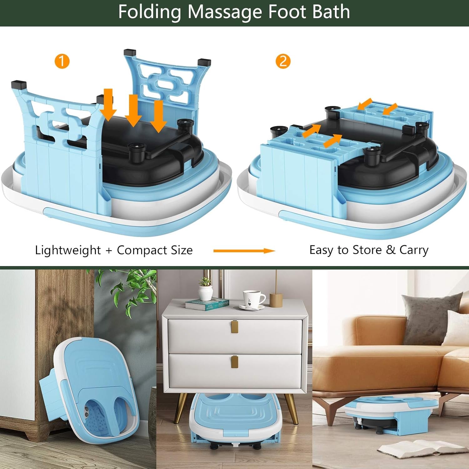 Foot Spa, Foot Bath Massager with Heat, Bubbles, 6 Motorized Shiatsu Rollers, Time & Temperature Settings, Folding Cover, Pedicure Tub Bath, Collapsible 6 in 1 Foot Bath Soak Tub, Blue