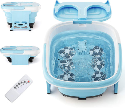 Foot Spa, Foot Bath Massager with Heat, Bubbles, 6 Motorized Shiatsu Rollers, Time & Temperature Settings, Folding Cover, Pedicure Tub Bath, Collapsible 6 in 1 Foot Bath Soak Tub, Blue