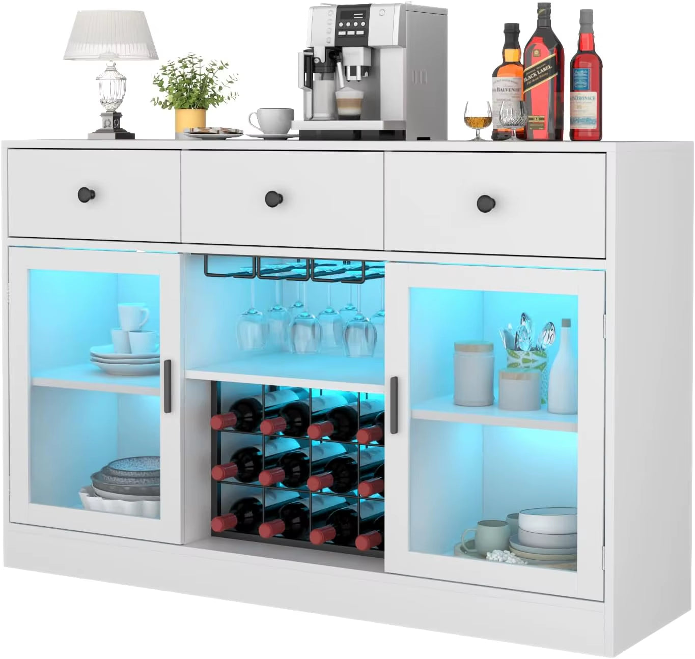 Wine Bar Cabinet with LED Light, Home Coffee Cabinet with Wine and Glass Rack, Kitchen Buffet Sideboard with Storage Cabinet&Dra