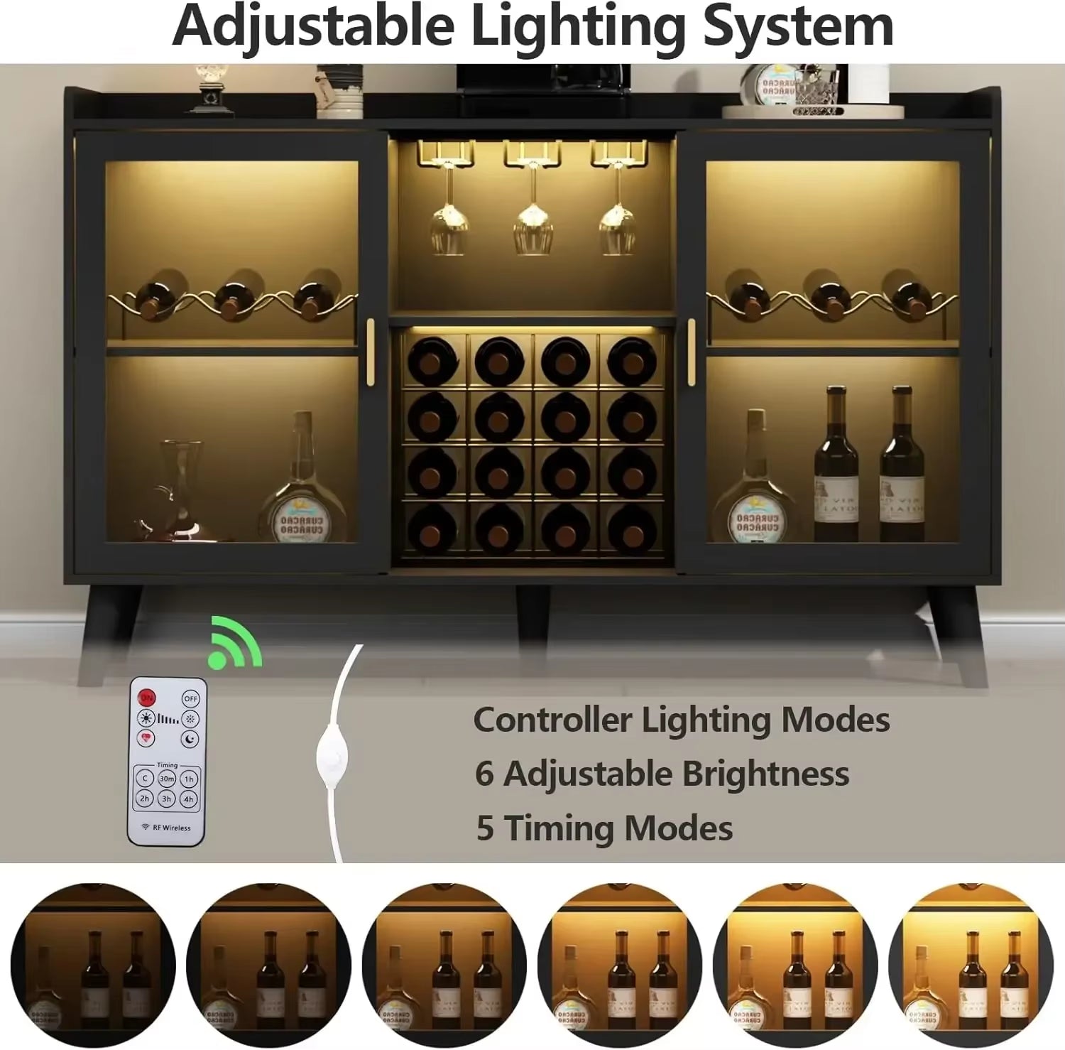 Wine Bar Cabinet with LED Light, Home Coffee Cabinet with Wine Rack and Glass Holder, Kitchen Buffet Sideboard W Storage Shelf