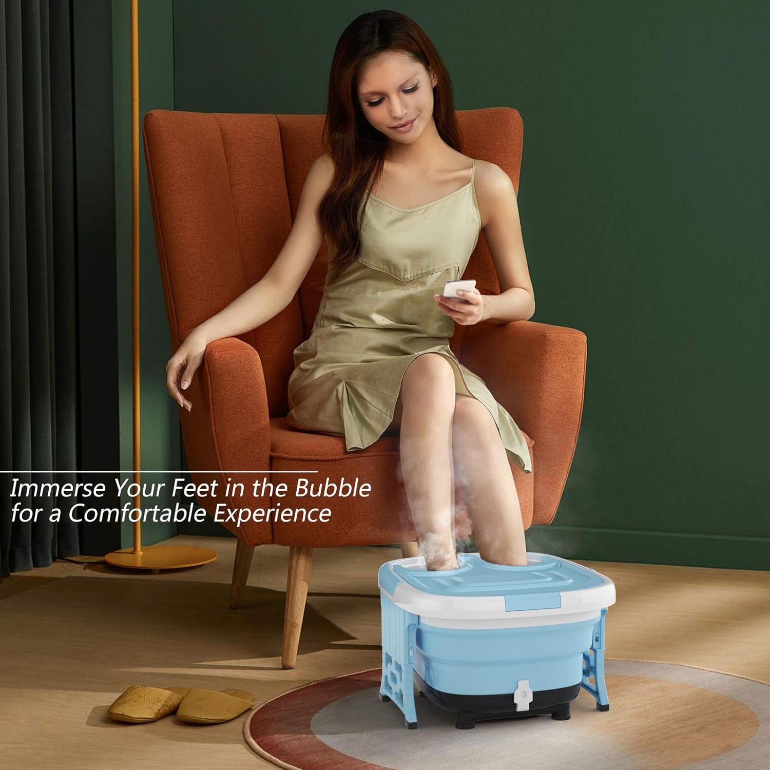 Foot Spa, Foot Bath Massager with Heat, Bubbles, 6 Motorized Shiatsu Rollers, Time & Temperature Settings, Folding Cover, Pedicure Tub Bath, Collapsible 6 in 1 Foot Bath Soak Tub, Blue