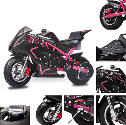 50Cc 2 Stroke Pocket Bike 01, EPA Approved Mini Bike for Kids, Mini Gas Pocket Bike W/Strong Dual Brake, Racing Pocket Rocket Max Speed 20 Mph, Max Weight 165 LB